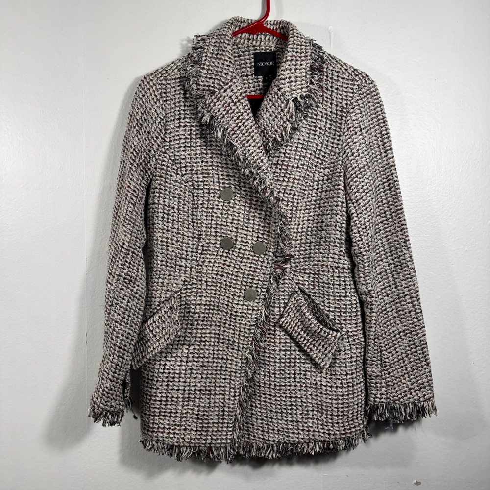 Nic+Zoe‎ Tweed Fringe Jacket Blazer Grey Multicolor Sz Small Preppy Career Chic